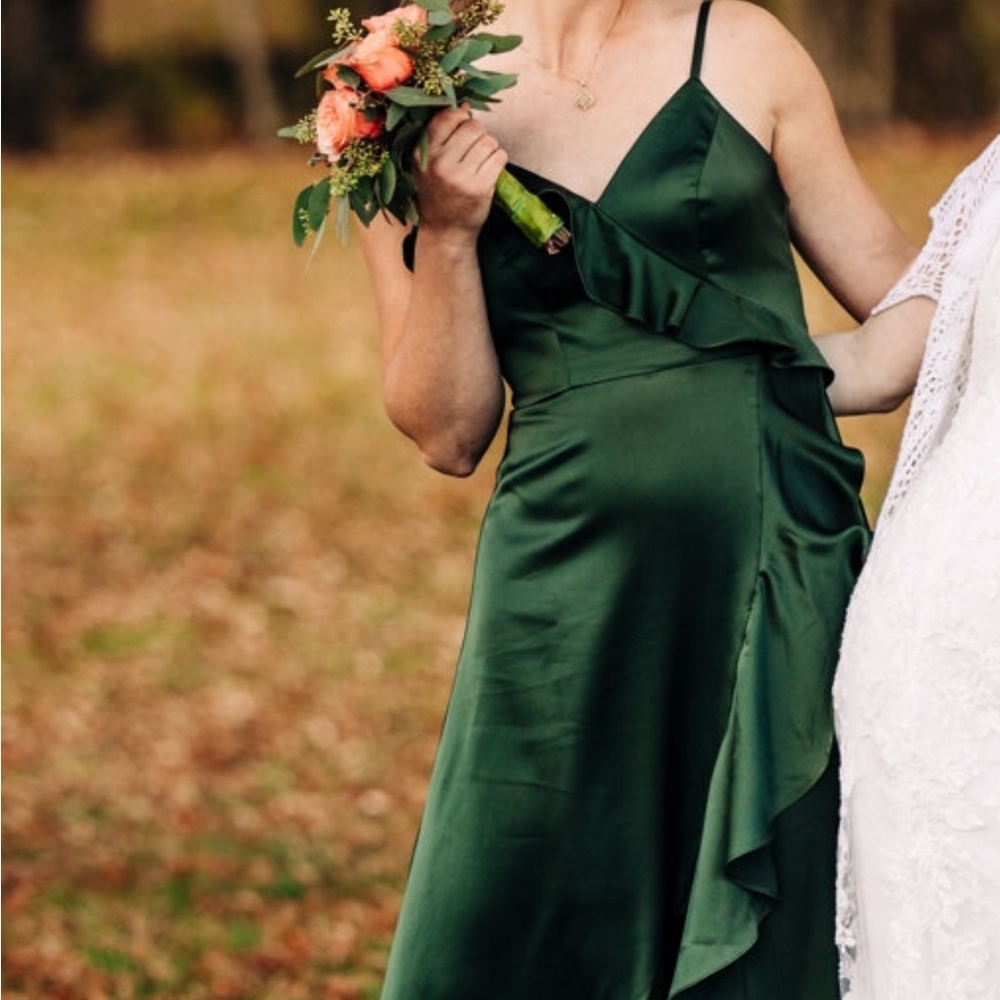 Green satin ruffle maxi dress
